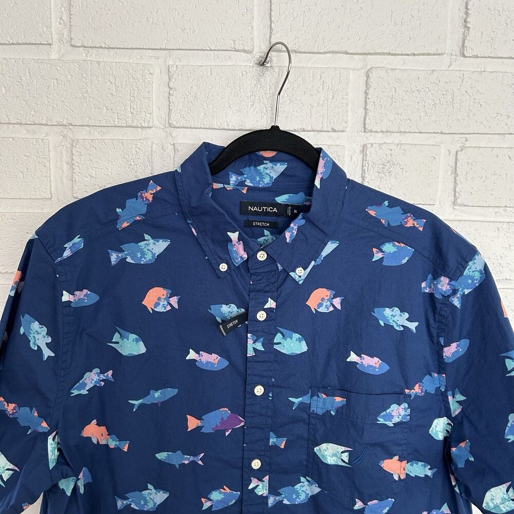 Nautica Stretch Button Up Shirt Mens XL Blue All Over Print Colorful Fish New
